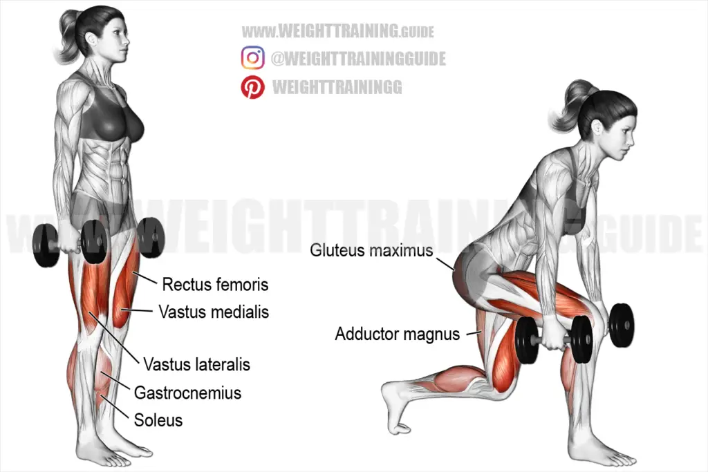 Dumbbell forward-leaning lunge exercise instructions and video