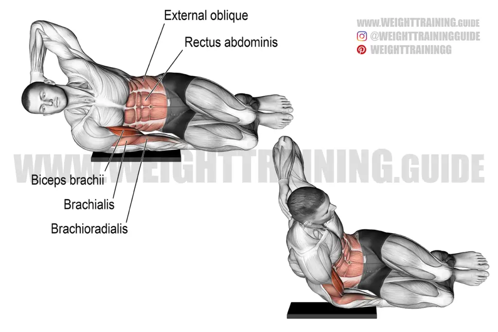 Side-lying biceps bodyweight curl exercise