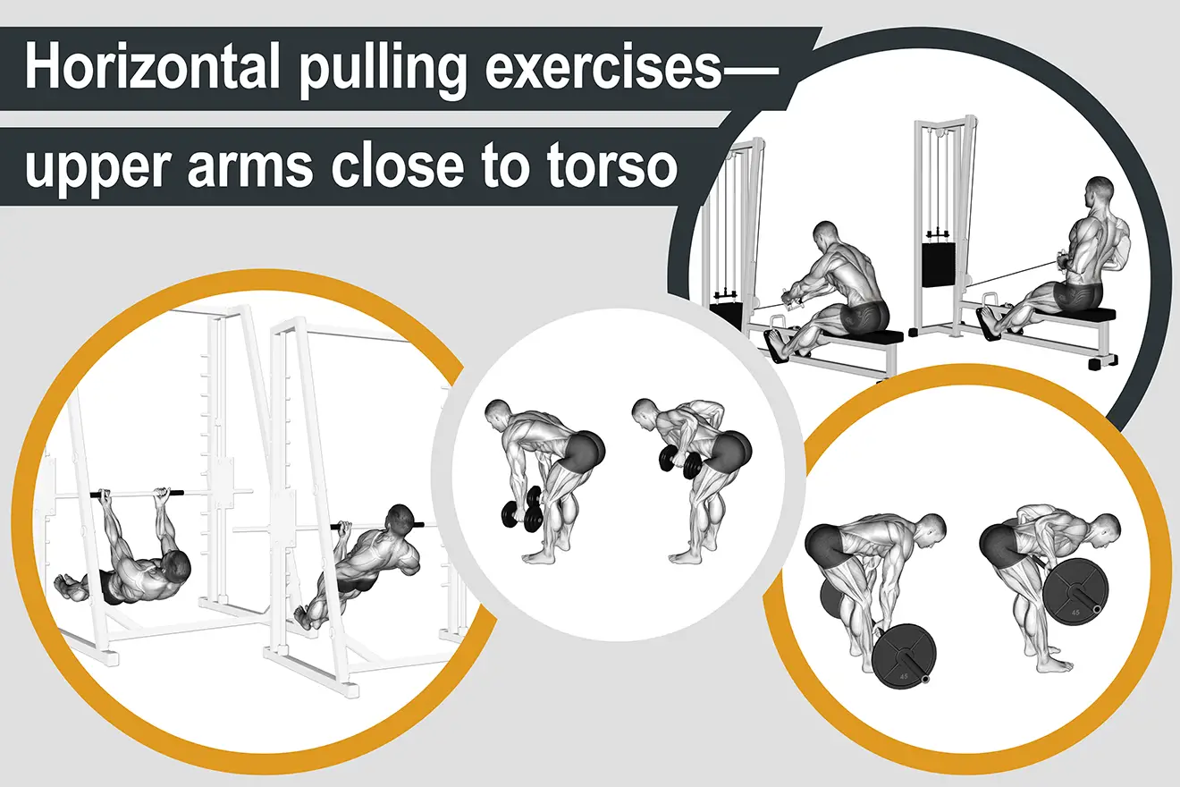 Horizontal pulling exercises - upper arms close to torso