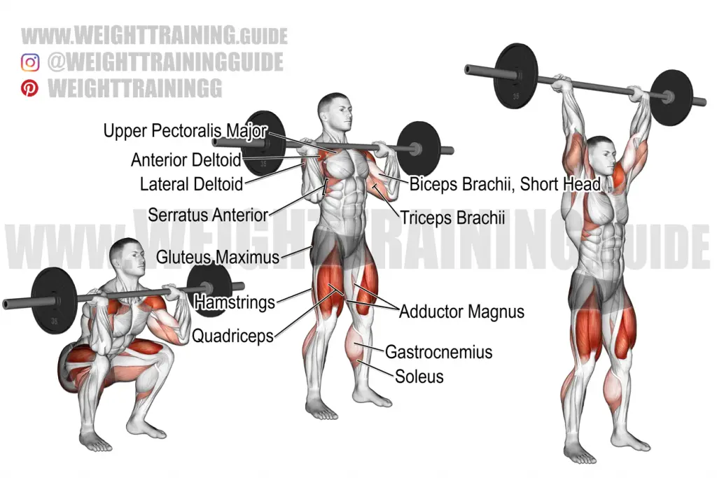 Barbell front squat to overhead press exercise instructions and video