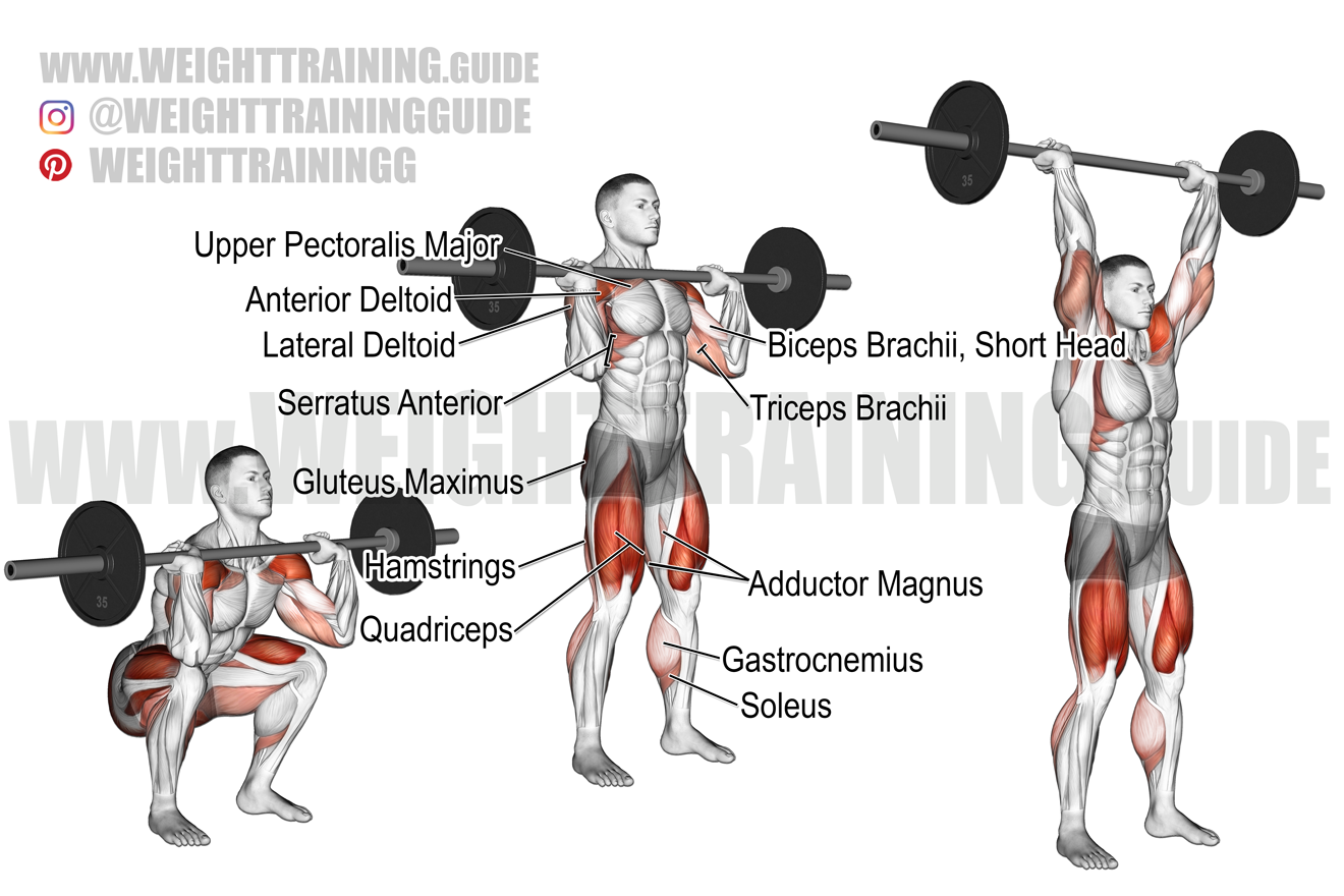 Barbell front squat to overhead press exercise